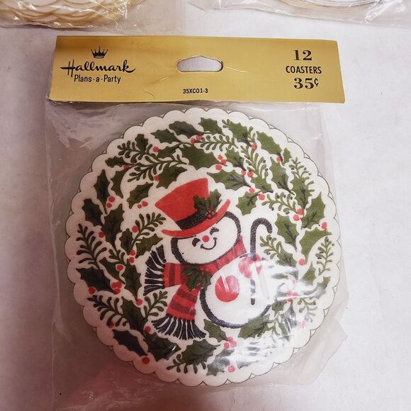 Vintage Hallmark Paper Coasters 3 Pkgs Christmas Snowman Wreath Poinsettias MIP - Picture 2 of 7